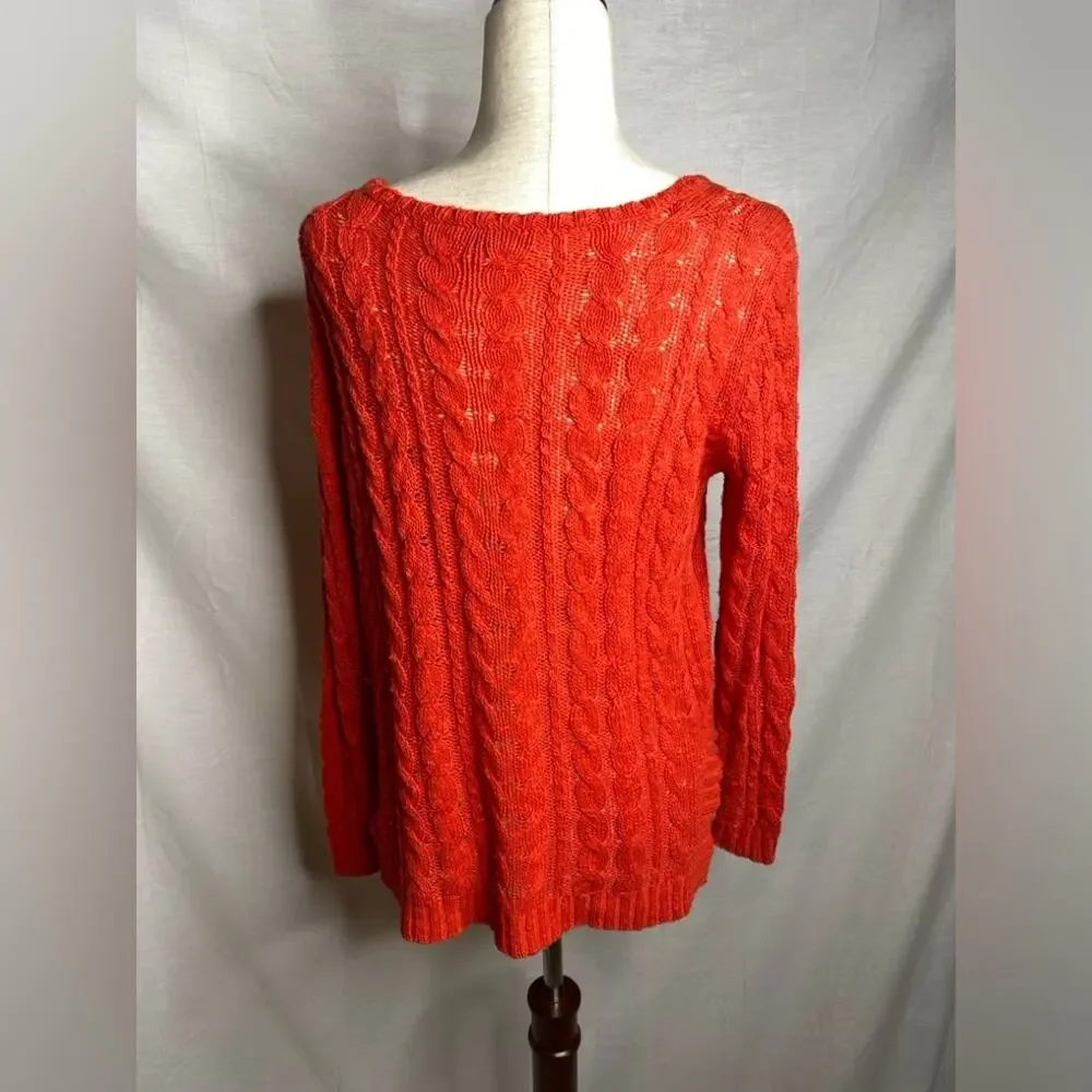 Sandro Cable Knit Sweater Orange Long Sleeve cotton linen blend crew neck size 6 - Picture 4 of 8